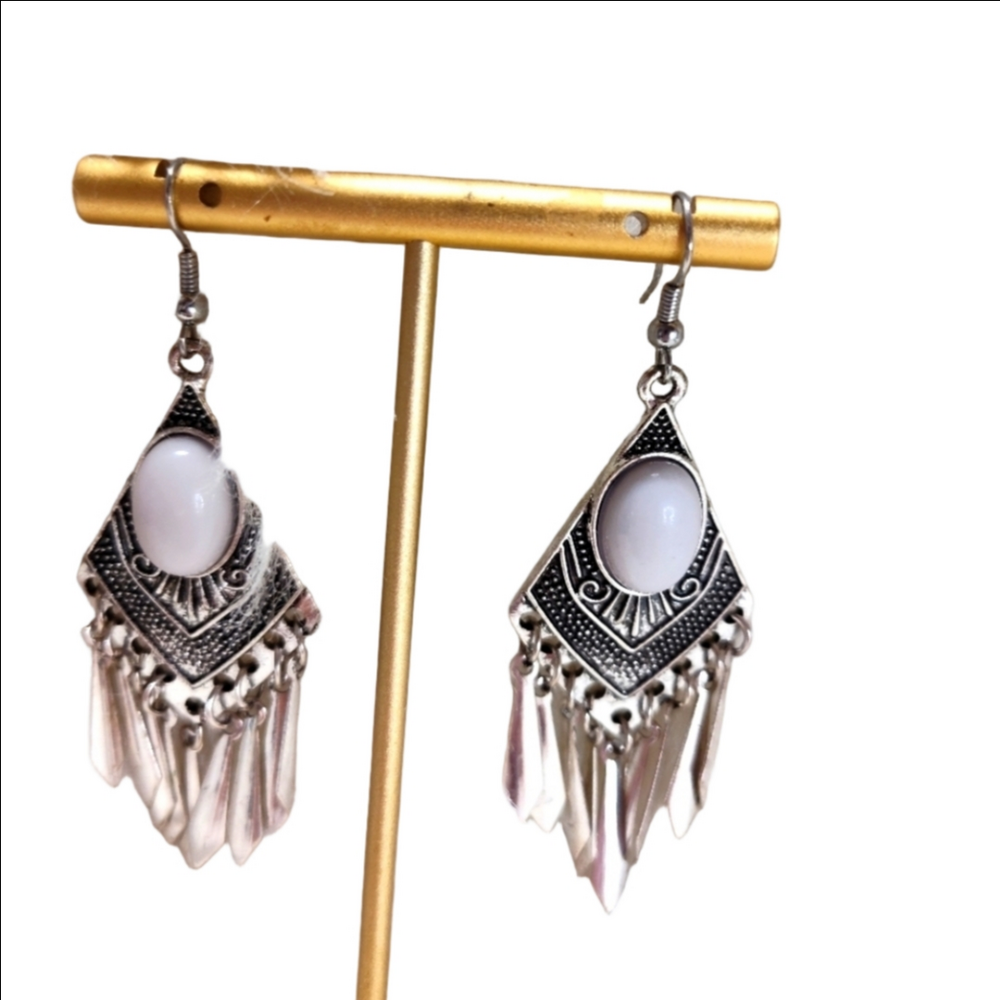 Figcore Vintage Silver Tone White Stone Chandelier Earrings